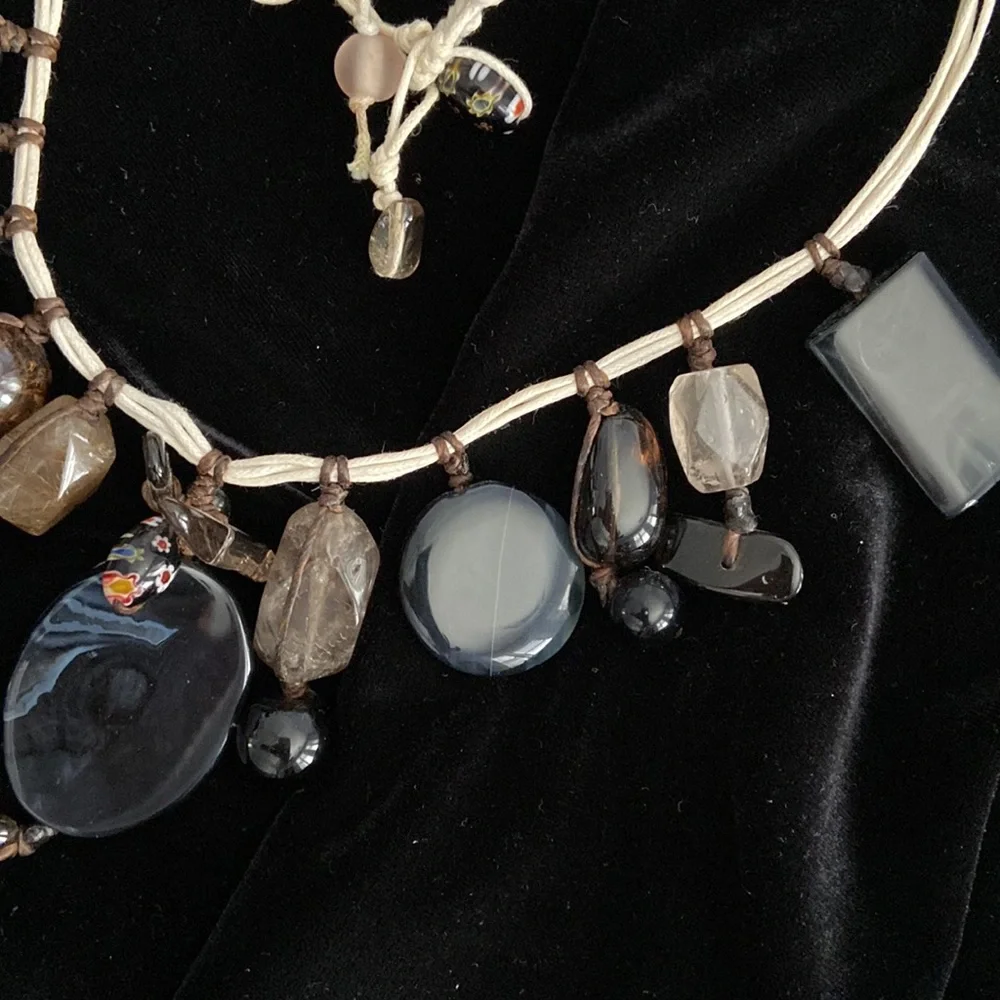Polished Stone and Millefiori Flower Glass bead necklace rustic